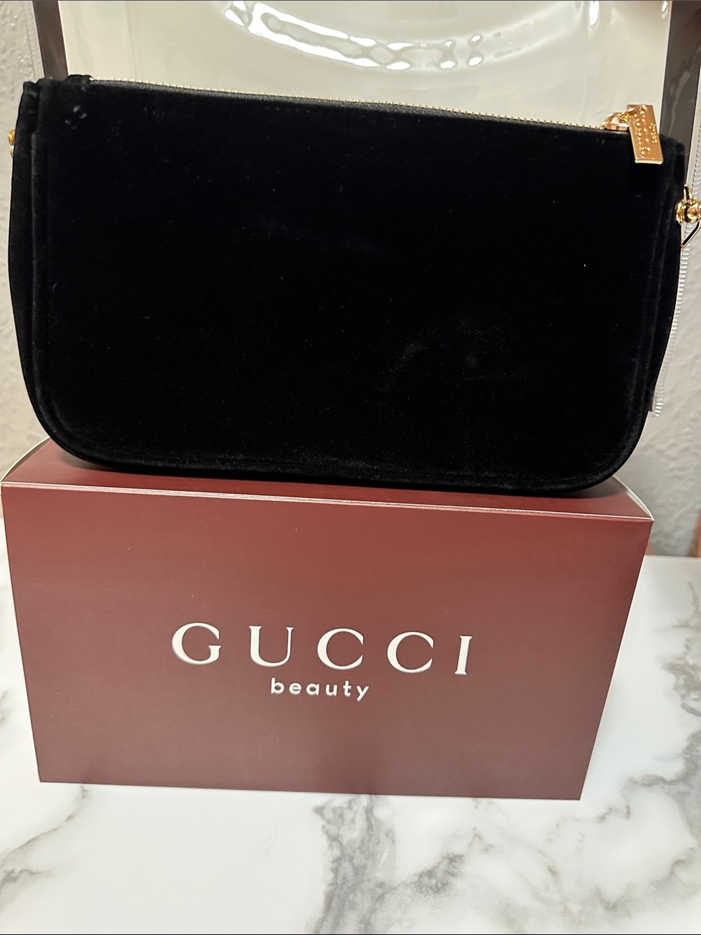 Gucci Black Velvet Cosmetic Pouch with Gold Accents, added Golden chain 🤩🖤 - Picture 4 of 12